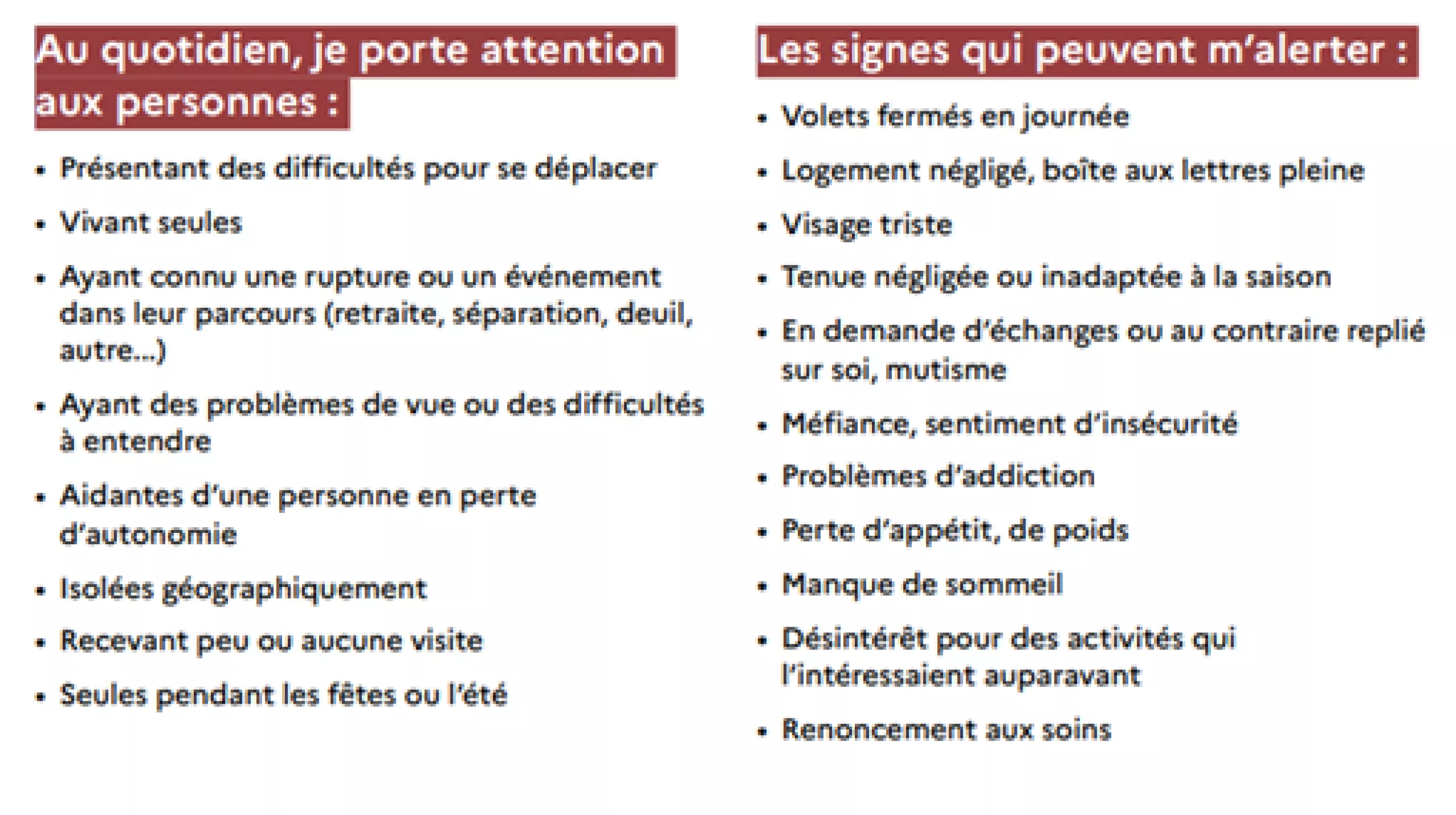 Tableau répertoriant les signes qui doivent alerter