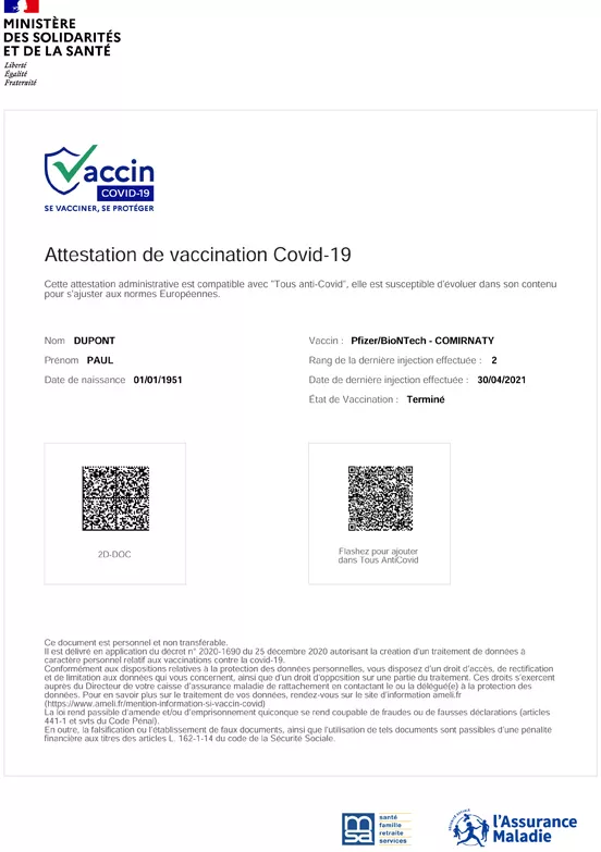 Exemple attestation de vaccination