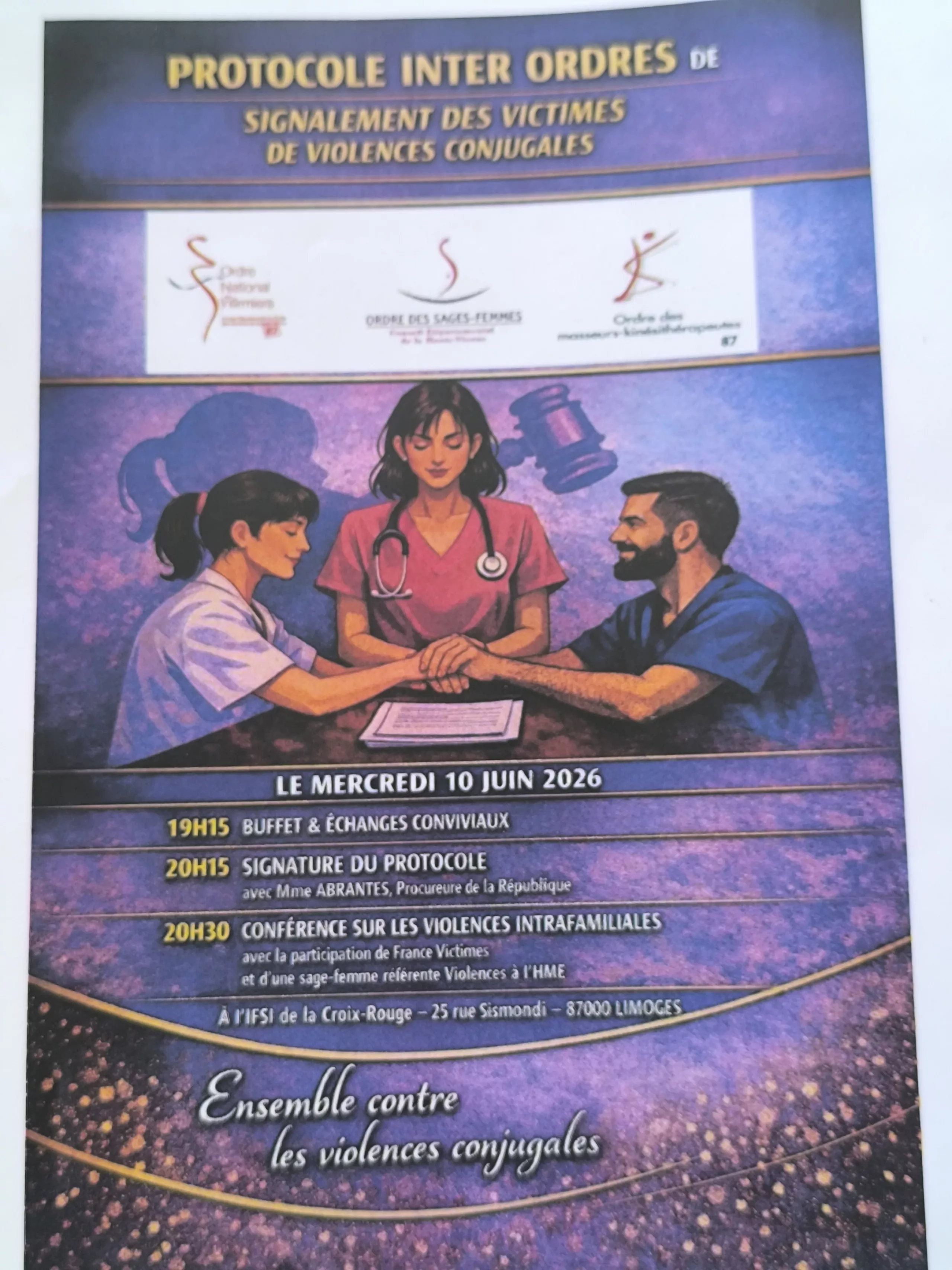 AFFICHE SOIREE 10JUIN 2026 Affiche soirée signature protocole signalement des violences conjugales par l'IDE
